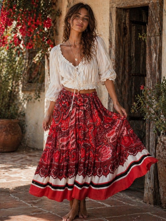 Ralph Lauren Dresses & Skirts - Ralph Lauren Red Paisley Maxi Skirt Size S boho festival